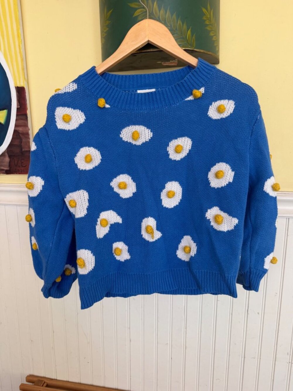 Fashion Brand Company Blue Knit Sweater With Egg Pattern & 3D Yellow Accents